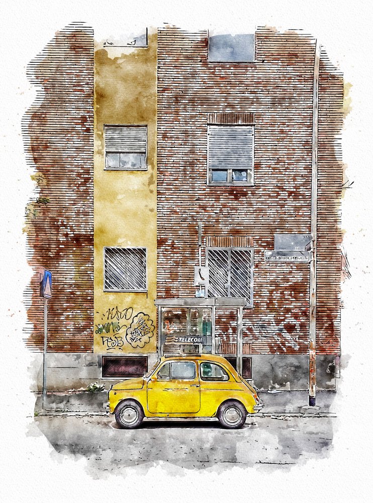 Gele klassieke stadsauto door Lembayung senja studio [Vintage Poster]