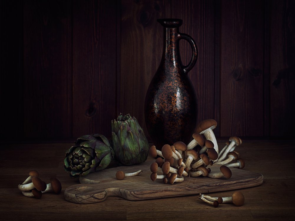 Stilleven met artisjokken en champignons door Lenka