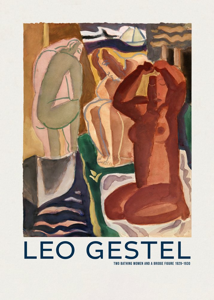 Twee badende vrouwen en een brugfiguur door Leo Gestel