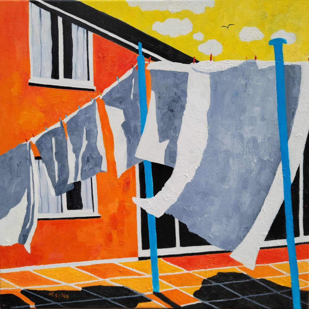 Zonnig terras met waslijn door Lesley Giles