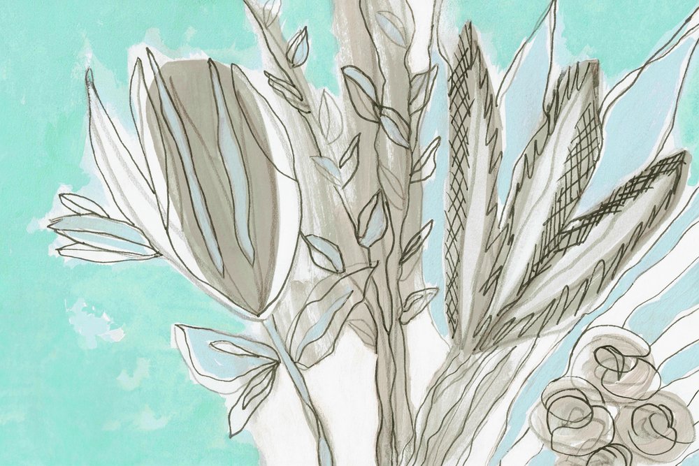 Moderne botanische motieven in blauwgroen door Lori Ann Folz