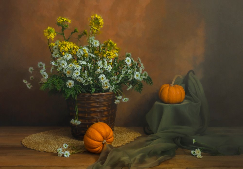 Herfstbloemen en pompoenen door Lydia Jacobs