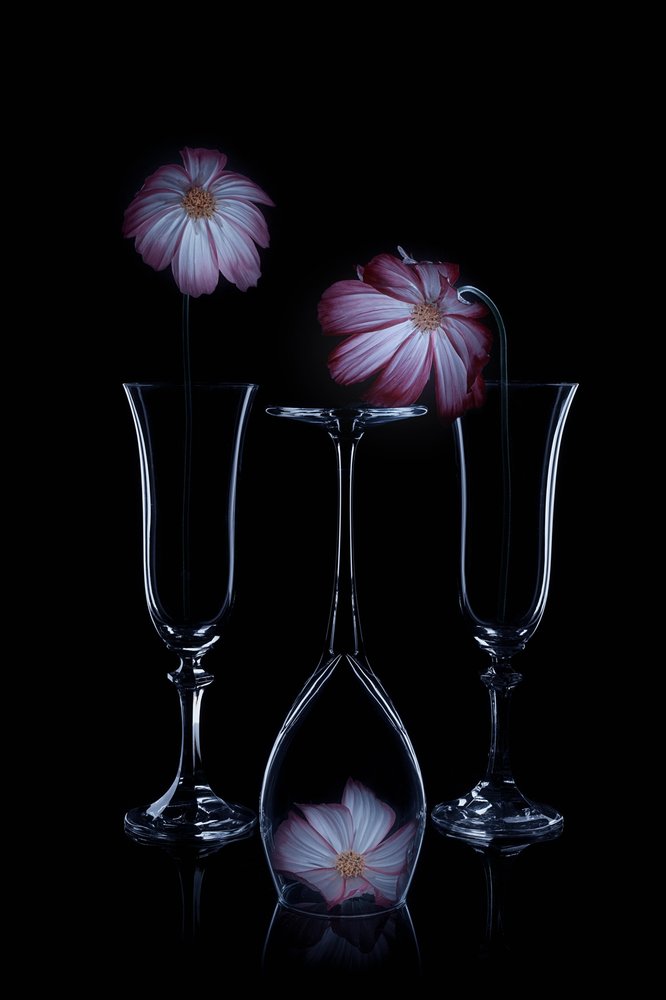 Glazen flutes met delicate bloemenmotieven door Lydia Jacobs