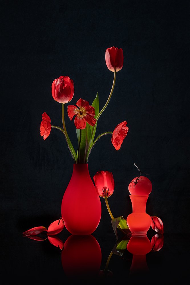 Gloeiende rode tulpen en vazen door Lydia Jacobs