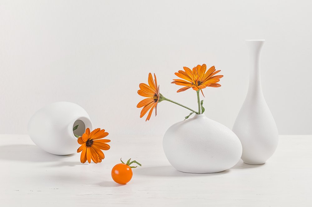 Oranje bloemen – Modern stilleven door Lydia Jacobs