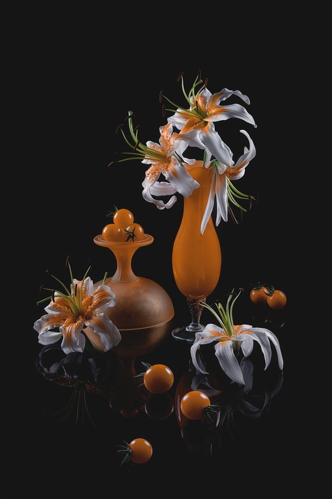 Stilleven met oranje lelies door Lydia Jacobs