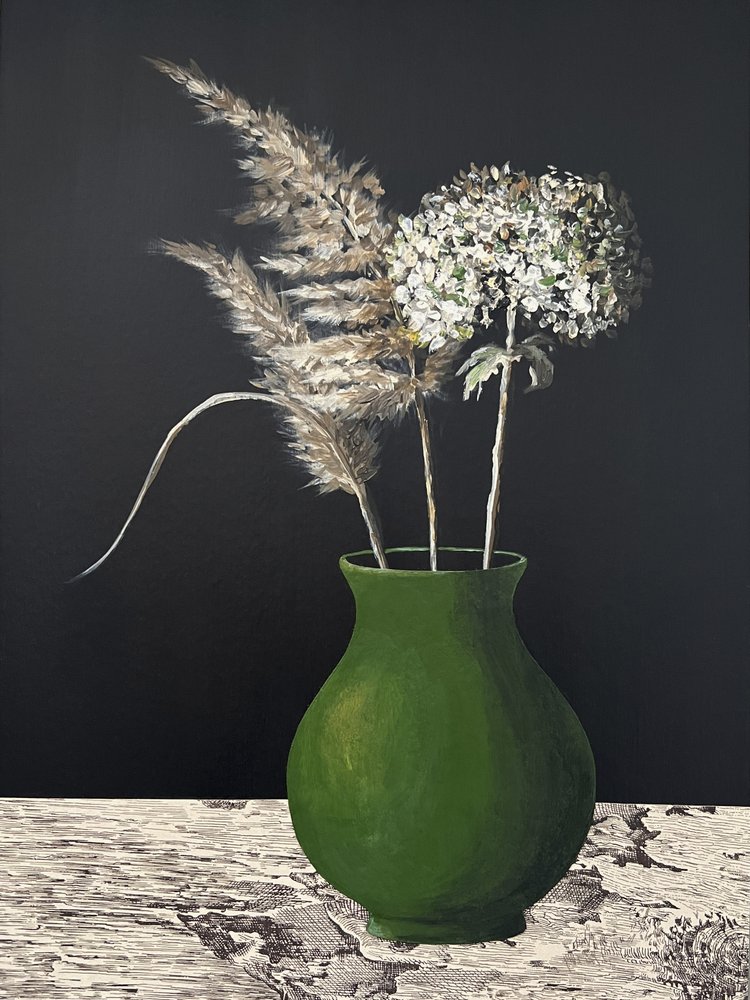 Groene vaas met pampasgras en hortensia door Marina Kozyr