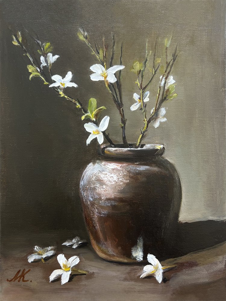 Rustieke vaas met witte bloemen door Marina Kozyr