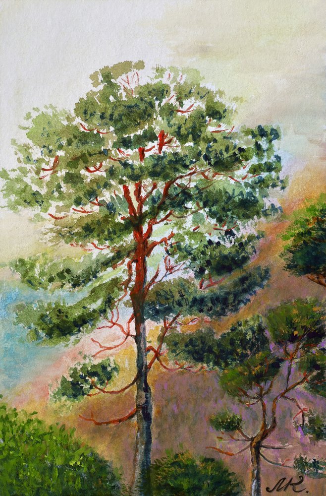 Dennenbos in aquarel door Marina Kozyr