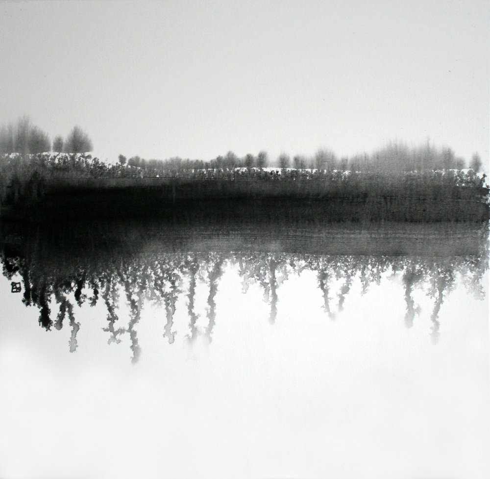 Monochrome bosweerspiegeling door Marina Nelson