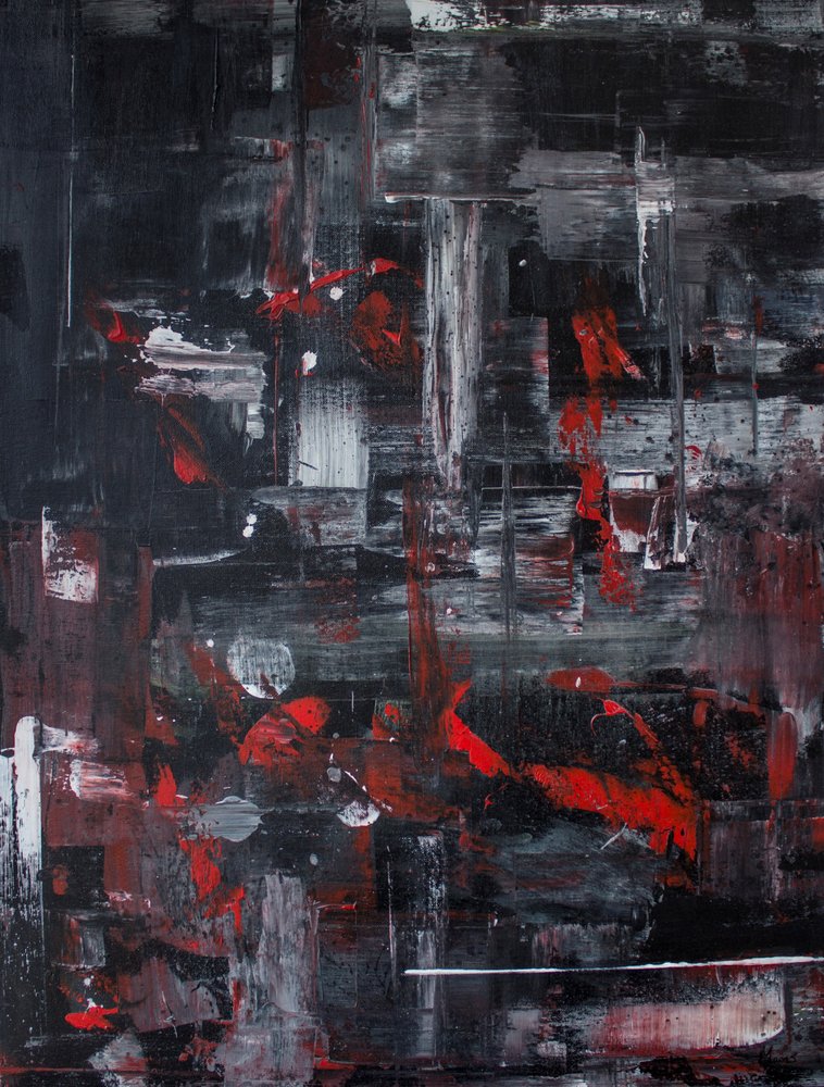 Dynamisch rood stadsgezicht – abstract door Marloes Aerts