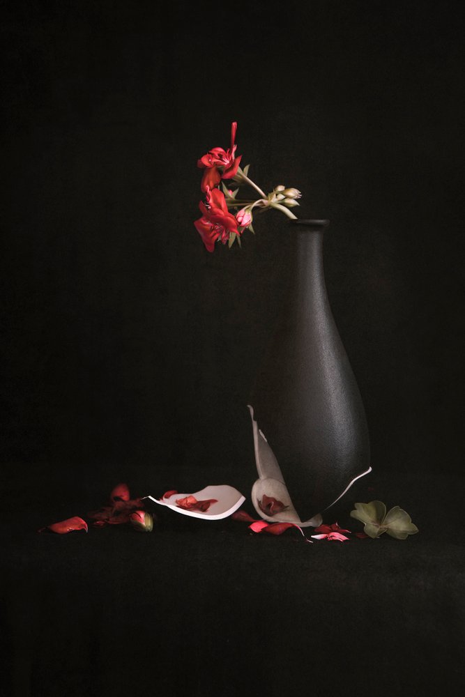 Gebroken vaas met rode bloemen door Martine Benezech