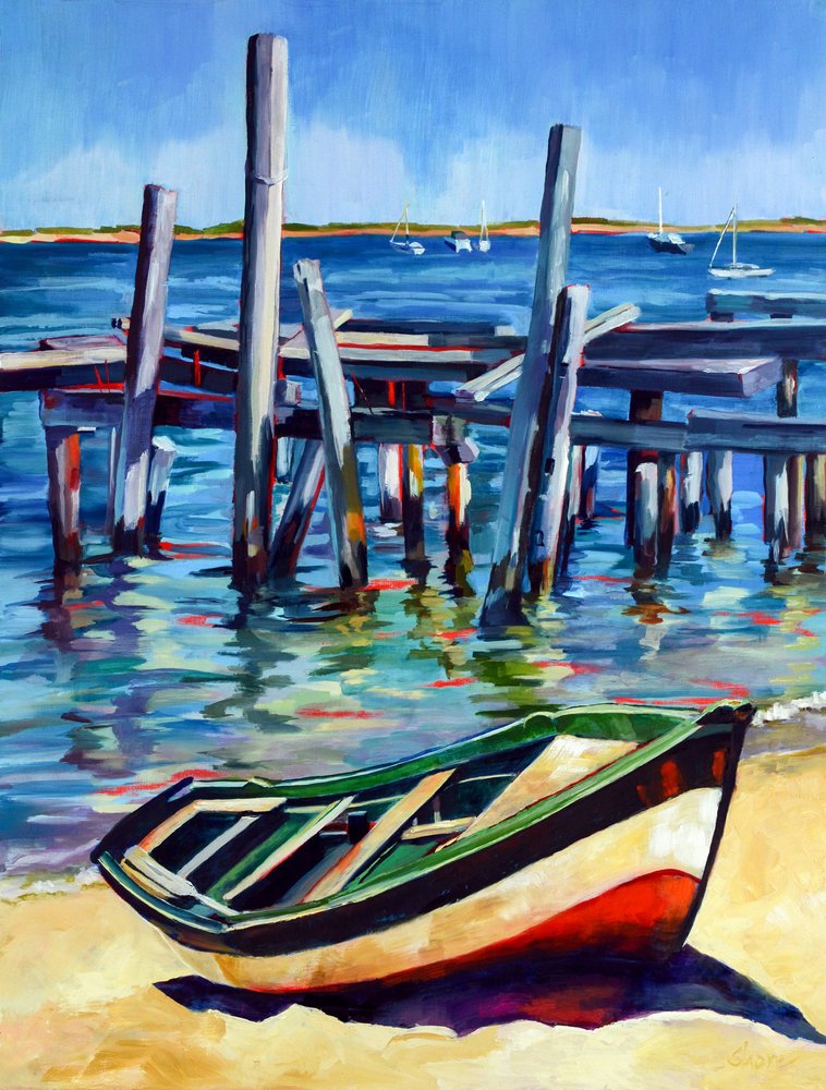 Oude roeiboot bij de pier door Maxine Shore