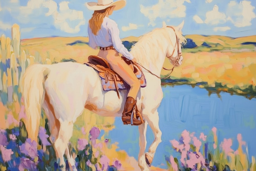 Cowgirl op een wit paard door Melloi Art Prints