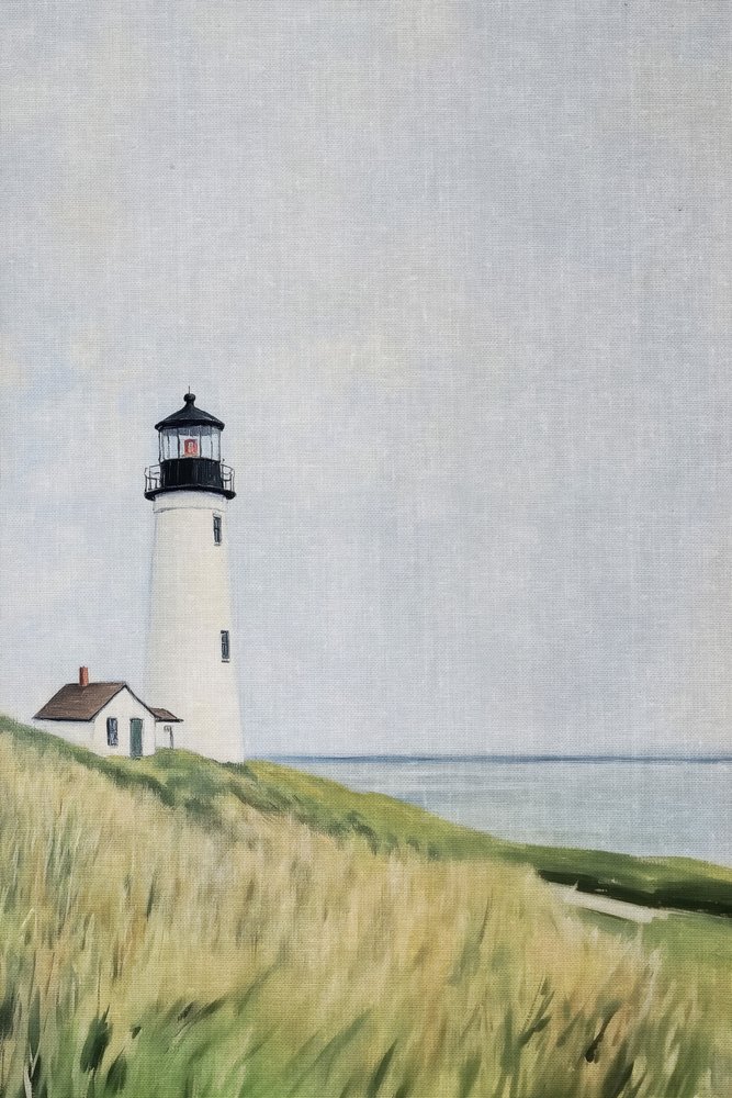 Vuurtoren op de met gras begroeide duinen door Melloi Art Prints