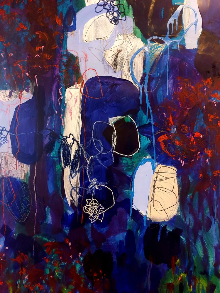 Dynamisch blauw-rood abstract door Monika Riethmueller