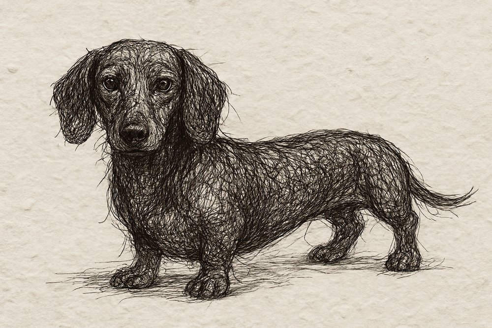 Tekening van een oplettende teckel door Natalie Bruns