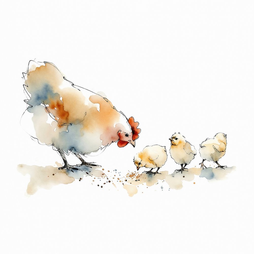 Aquarel: Kippen en kuikens door Natalie Bruns