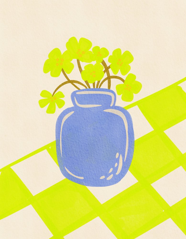 Blauwe vaas met verse bloemen door Nikita Jariwala