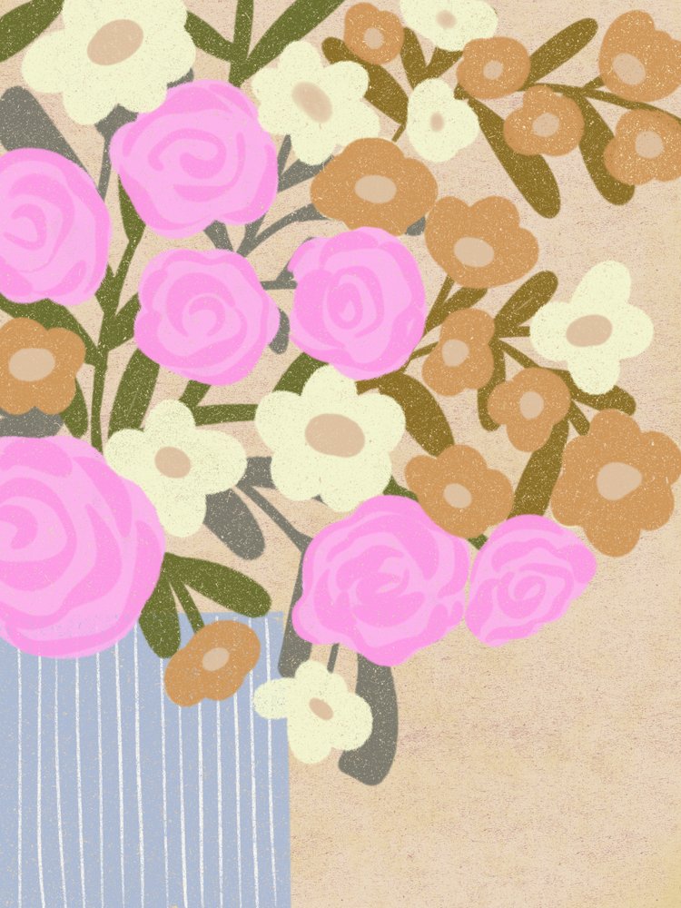Roze bloemen in een blauwe vaas door Nikita Jariwala