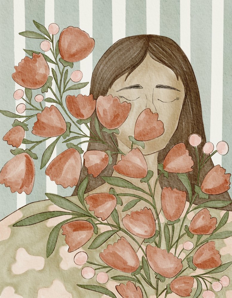 Rustige vrouw met bloemen door Nikita Jariwala