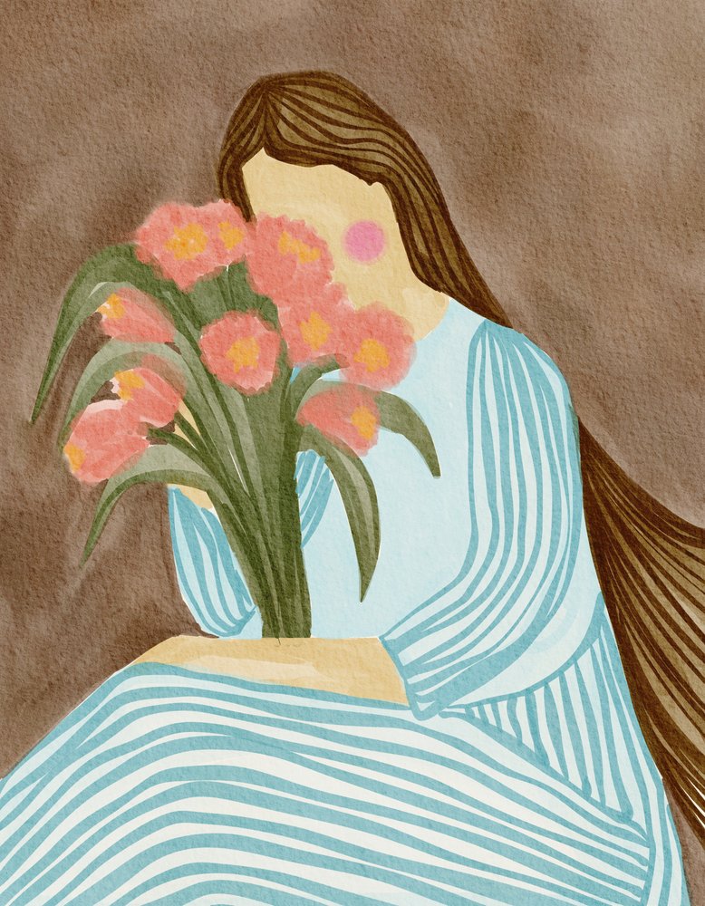 Verlegen vrouw met roze tulpen door Nikita Jariwala
