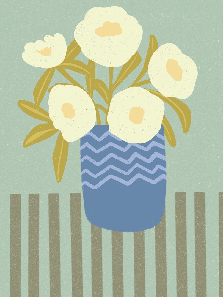 Witte bloemen in een blauwe vaas door Nikita Jariwala