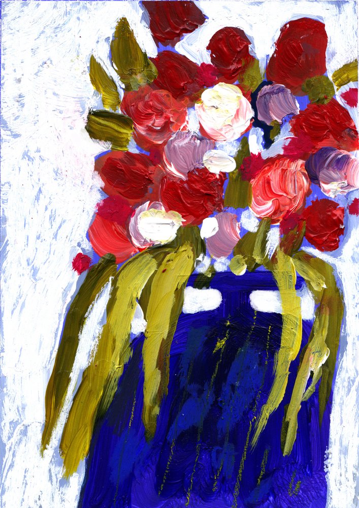 Kleurrijke bloemen in een blauwe vaas door Olga Skomorokhova