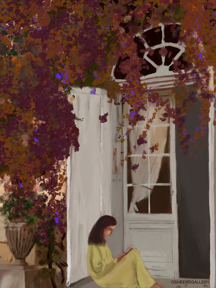 Stille lezer onder bougainvillea door Osheensgallery