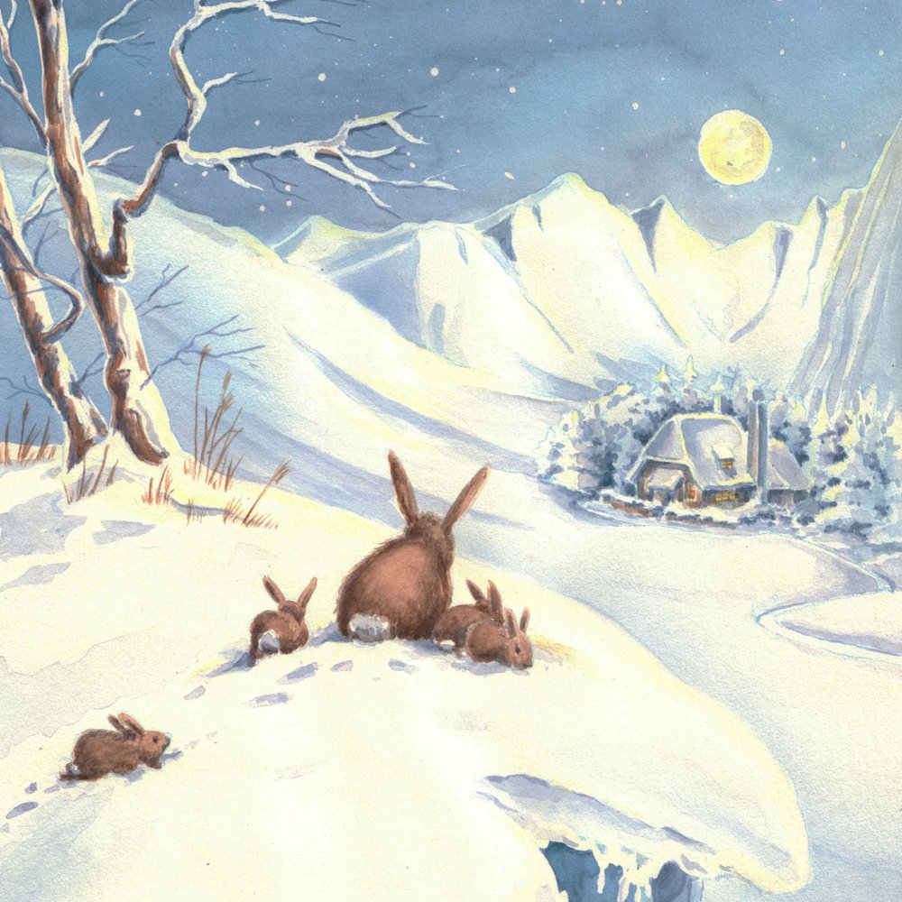 Konijnen in een winterse maanverlichte nacht door Renate Holzner