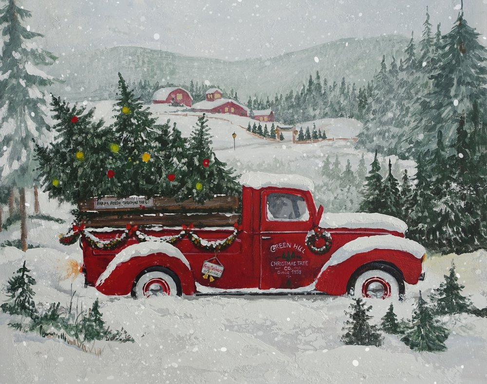 Rode vrachtwagen, kerst, sneeuw door Renate Holzner