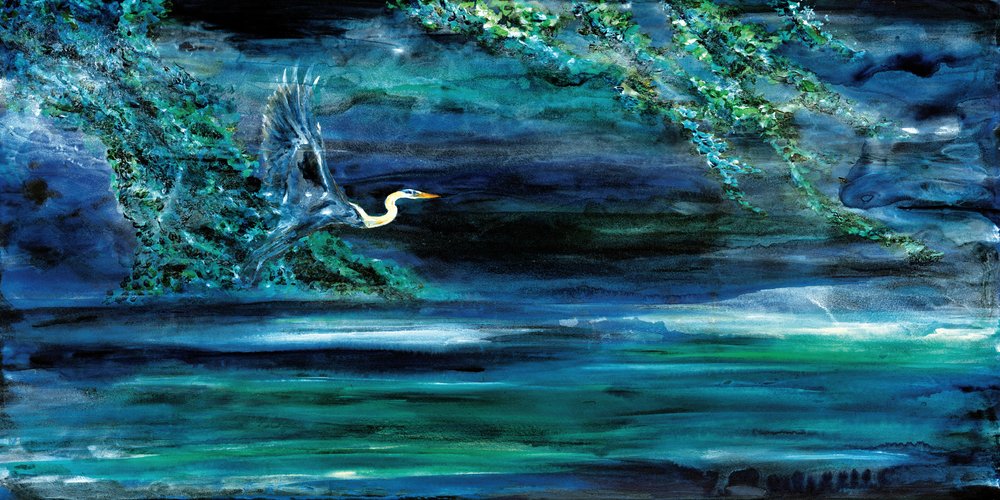 Reiger boven donker water door RodMacIver