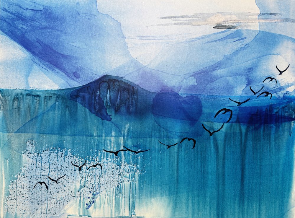 Rustgevend blauw zeegezicht met vogels door RodMacIver