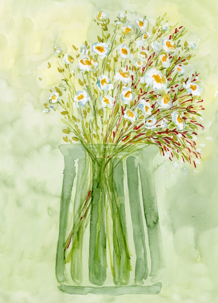 Groene vaas met witte bloemen door Rosana Laiz Blursbyai