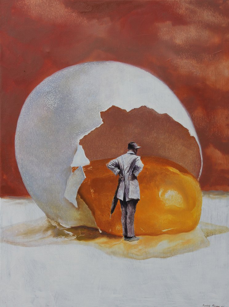 Surrealistische man en reusachtig ei door Rudolf Kosow