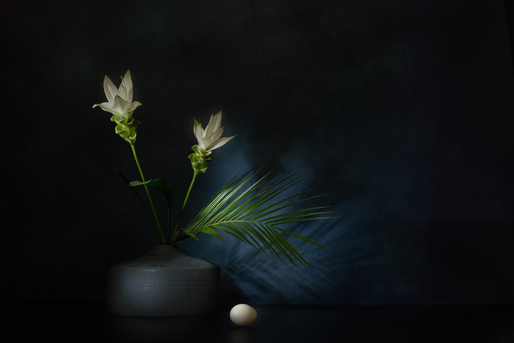 Witte bloemen – Donker stilleven door Saskia Dingemans