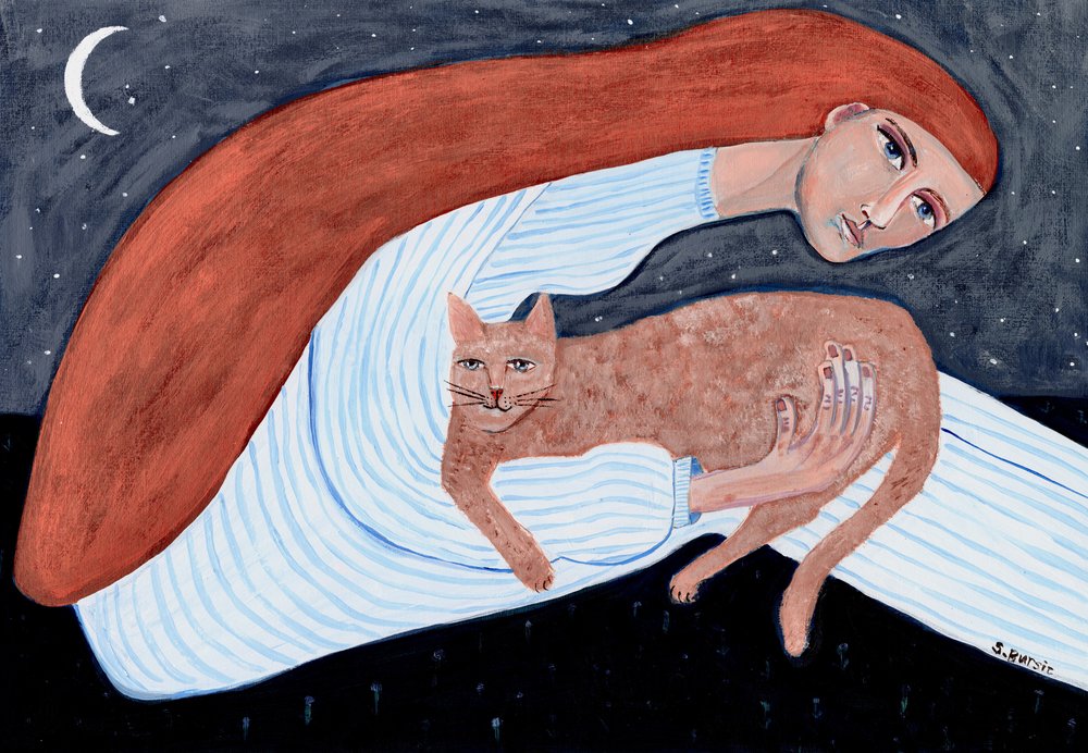 Dromerige kattennachtknuffel door Sharyn Bursic