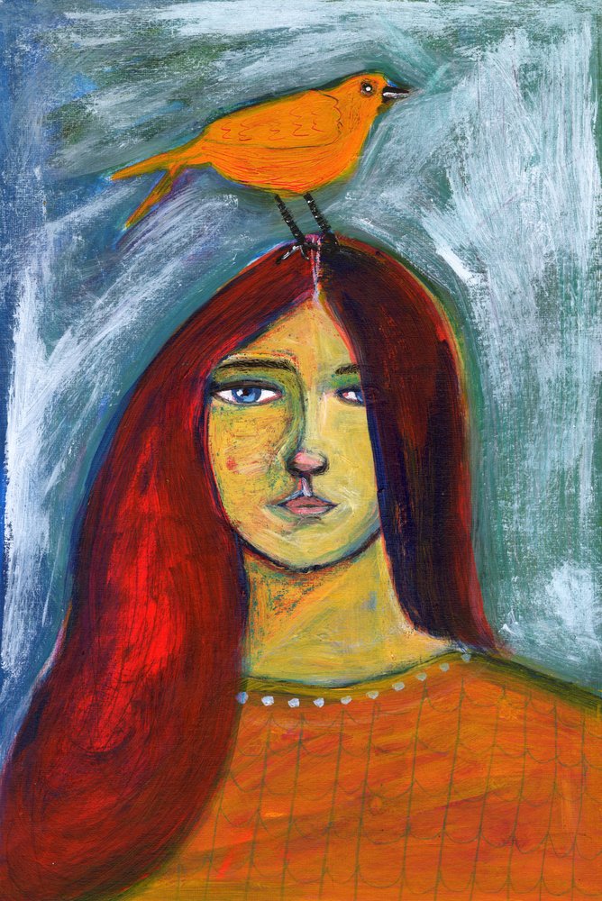 Vrouw en oranje vogel door Sharyn Bursic