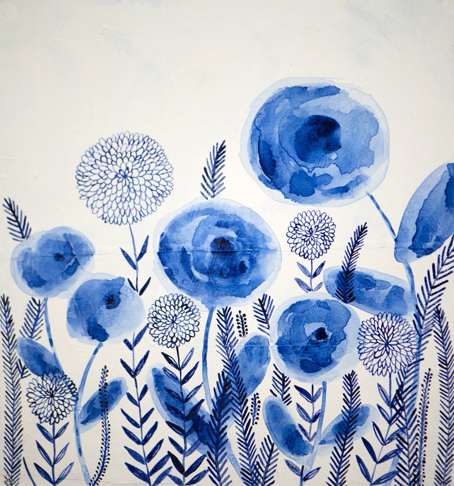 Indigoblauwe aquarelbloemen door Shelley Hampe