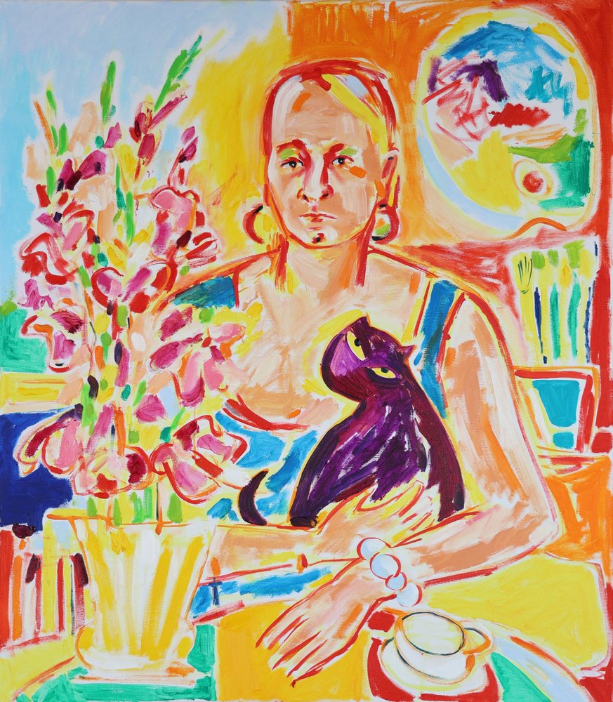 Zelfportret met een paarse kat naar Max Beckmann, olieverf op doek, 2024 door Tamara Jare