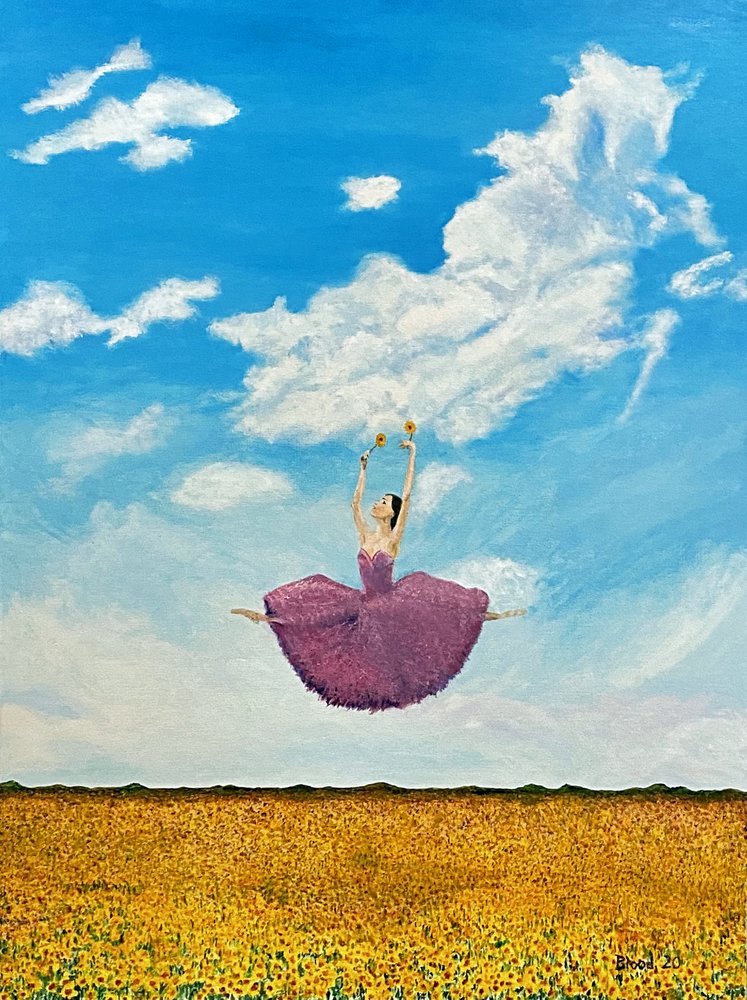 Ballerina in een veld met zonnebloemen door Tom Blood