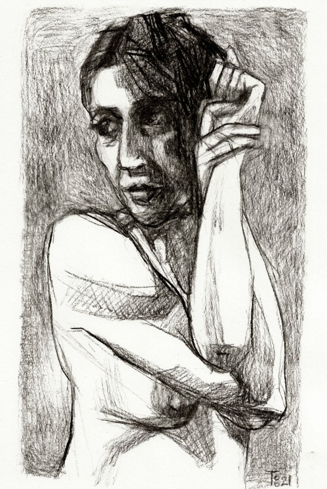 Tekening van een peinzende vrouw door Tore Bahnson