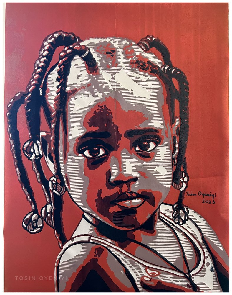 Portret van een onschuldig kind in rood door Tosin Oyeniyi