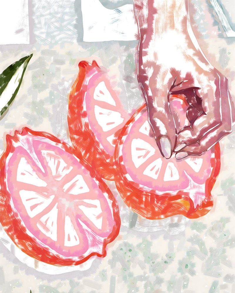 Hand en roze citrus door Uma Gokhale