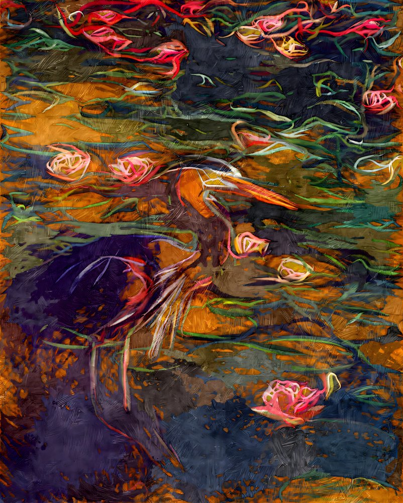 Reiger tussen de waterlelies door Uma Gokhale