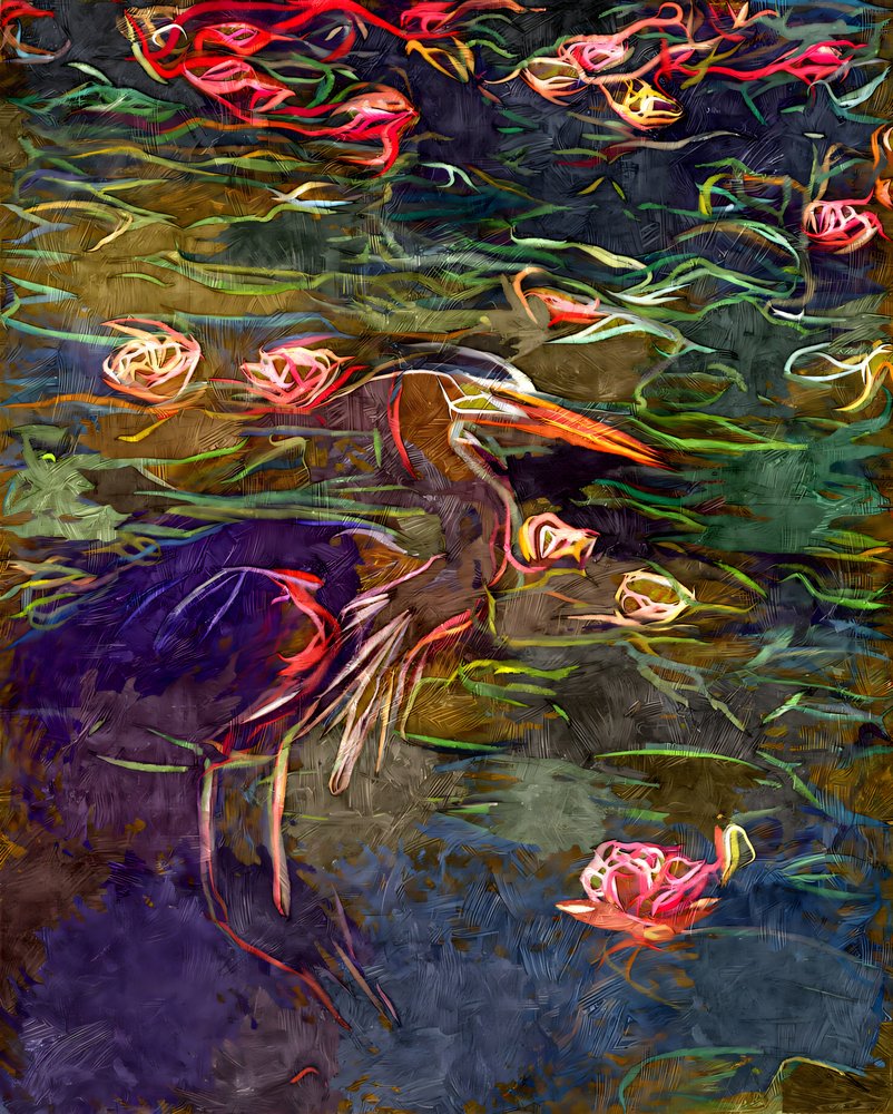 Schilderachtige reiger en waterlelies door Uma Gokhale