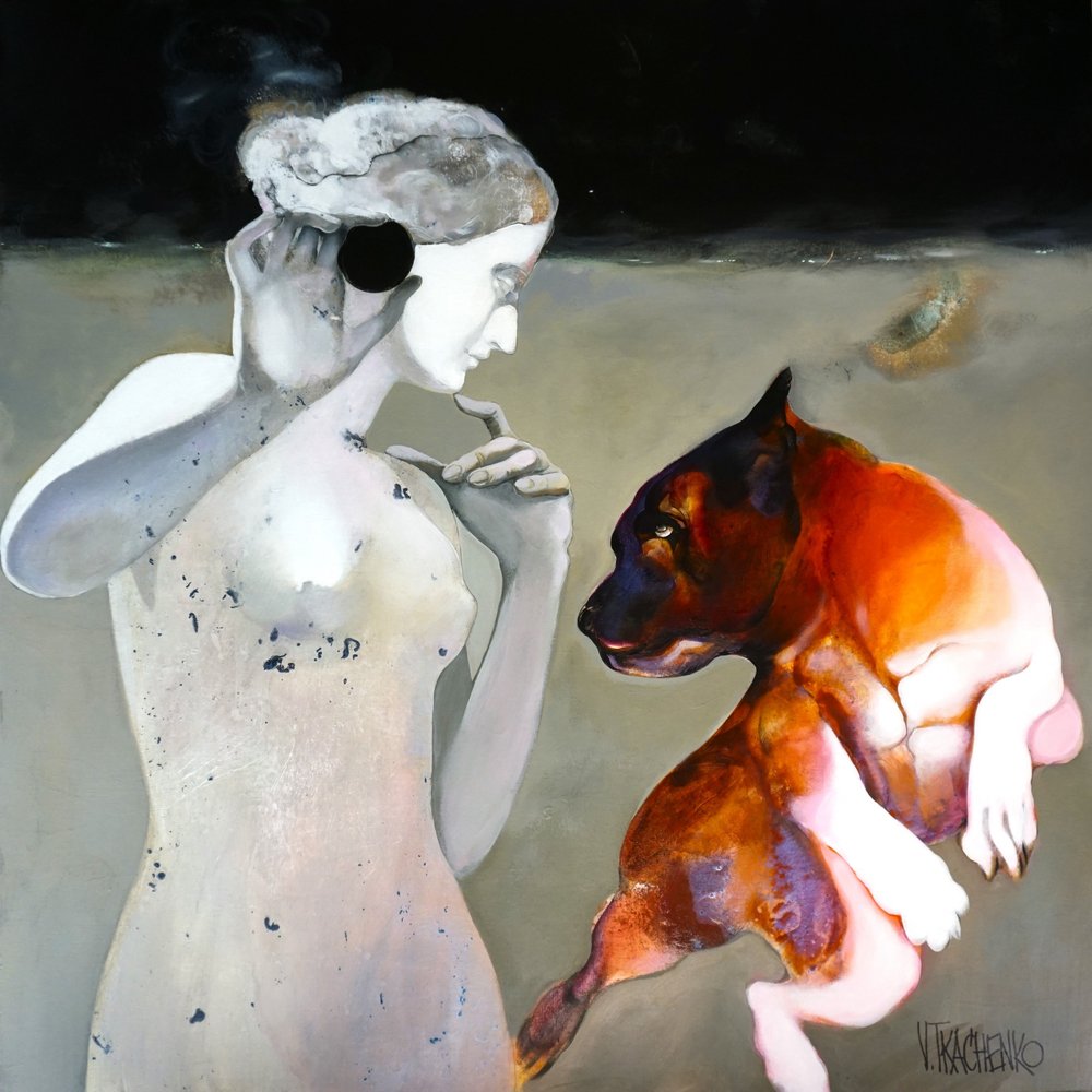 Een peinzende vrouw en een hond door Victor Tkachenko