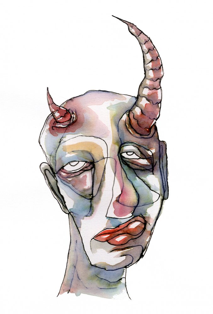 Aquarel: Gezicht met hoorns door Wildemar Doomgriever