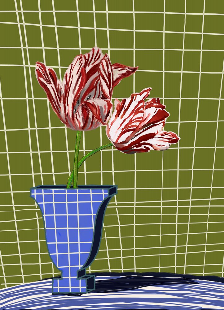 Gestreepte tulpen in blauwe vaas door XHOZUCAN