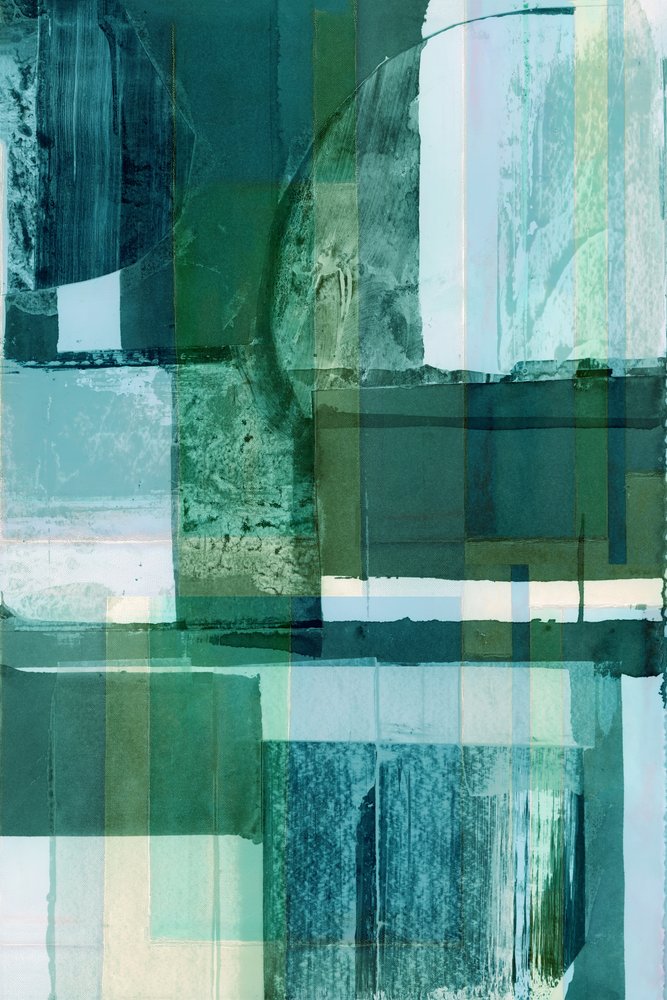 Gelaagde abstracte compositie in groen en blauw door cartissi